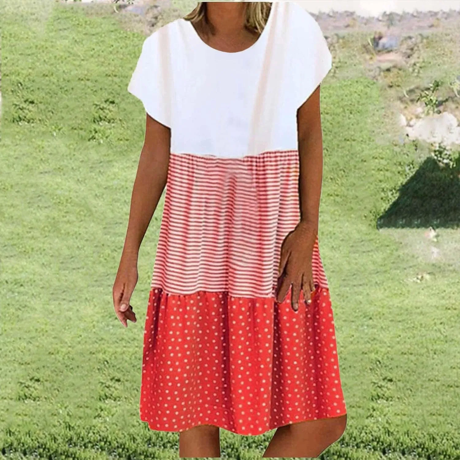 yardsong Casual Summer Dresses for Women Plus Size Short Sleeve Tshirt Dress Striped Polka Dot Patchwork Flowy Midi Dresses