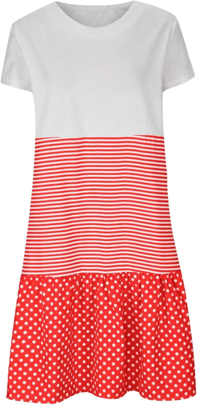 yardsong Casual Summer Dresses for Women Plus Size Short Sleeve Tshirt Dress Striped Polka Dot Patchwork Flowy Midi Dresses