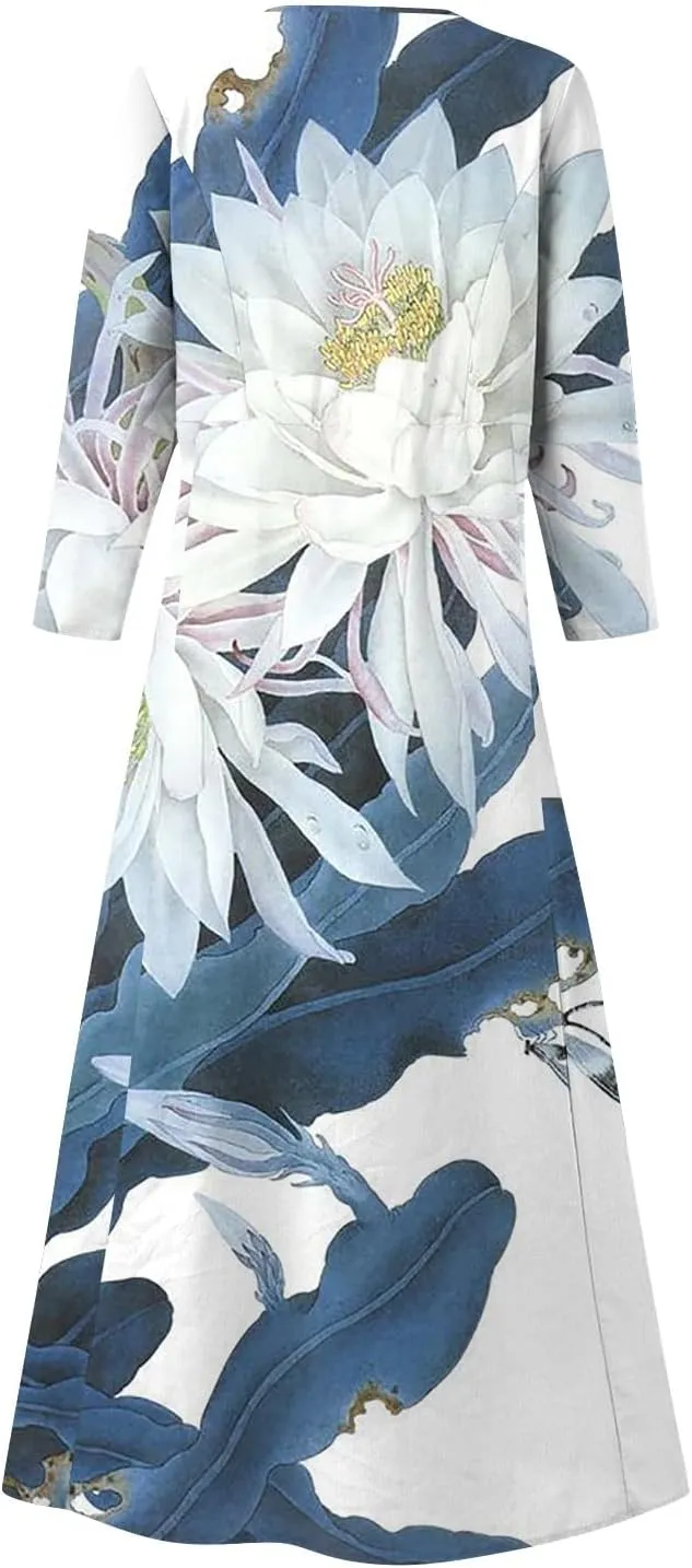 Yesunpxs 3/4 Sleeve Dresses for Women Summer Flowy Maxi Dresses Boho Long Dress Printed Casual Beach Sundresses with Pockets