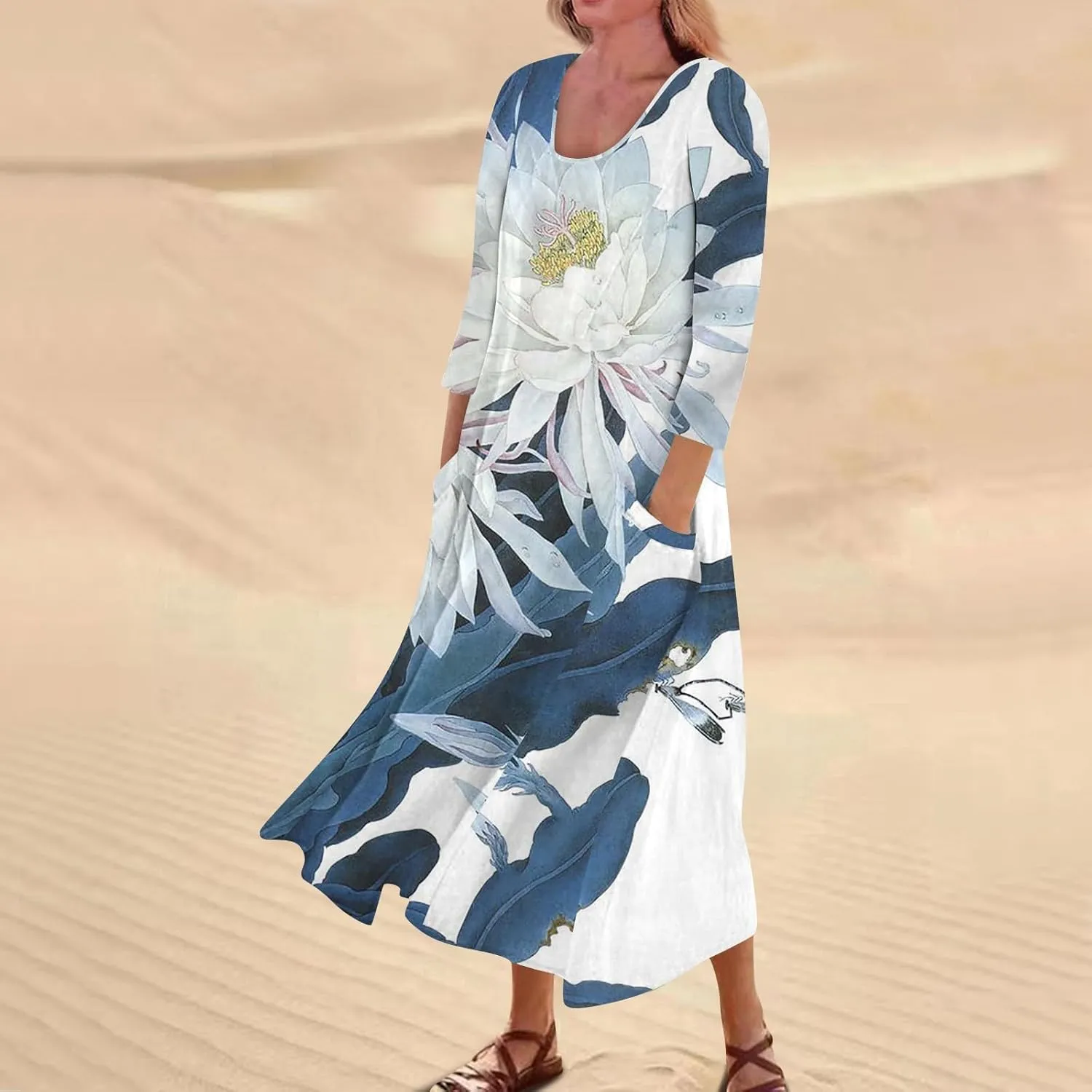 Yesunpxs 3/4 Sleeve Dresses for Women Summer Flowy Maxi Dresses Boho Long Dress Printed Casual Beach Sundresses with Pockets