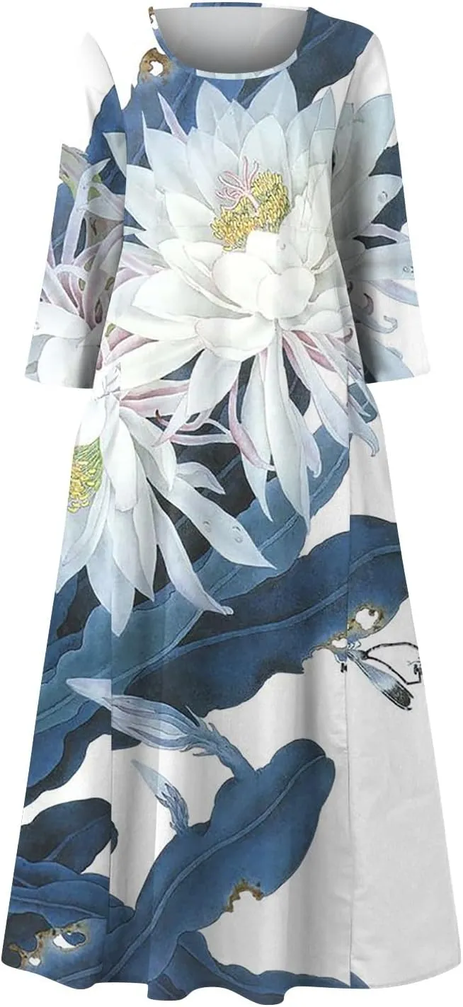 Yesunpxs 3/4 Sleeve Dresses for Women Summer Flowy Maxi Dresses Boho Long Dress Printed Casual Beach Sundresses with Pockets