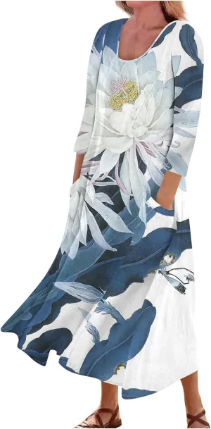 Yesunpxs 3/4 Sleeve Dresses for Women Summer Flowy Maxi Dresses Boho Long Dress Printed Casual Beach Sundresses with Pockets