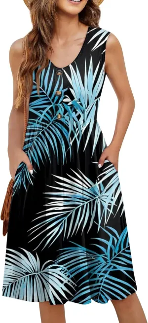 Yesunpxs Womens Summer Dresses Casual Sleeveless Mini Dress Flowy Beach Tshirt Tank Dresses Printed Sundresses with Pockets