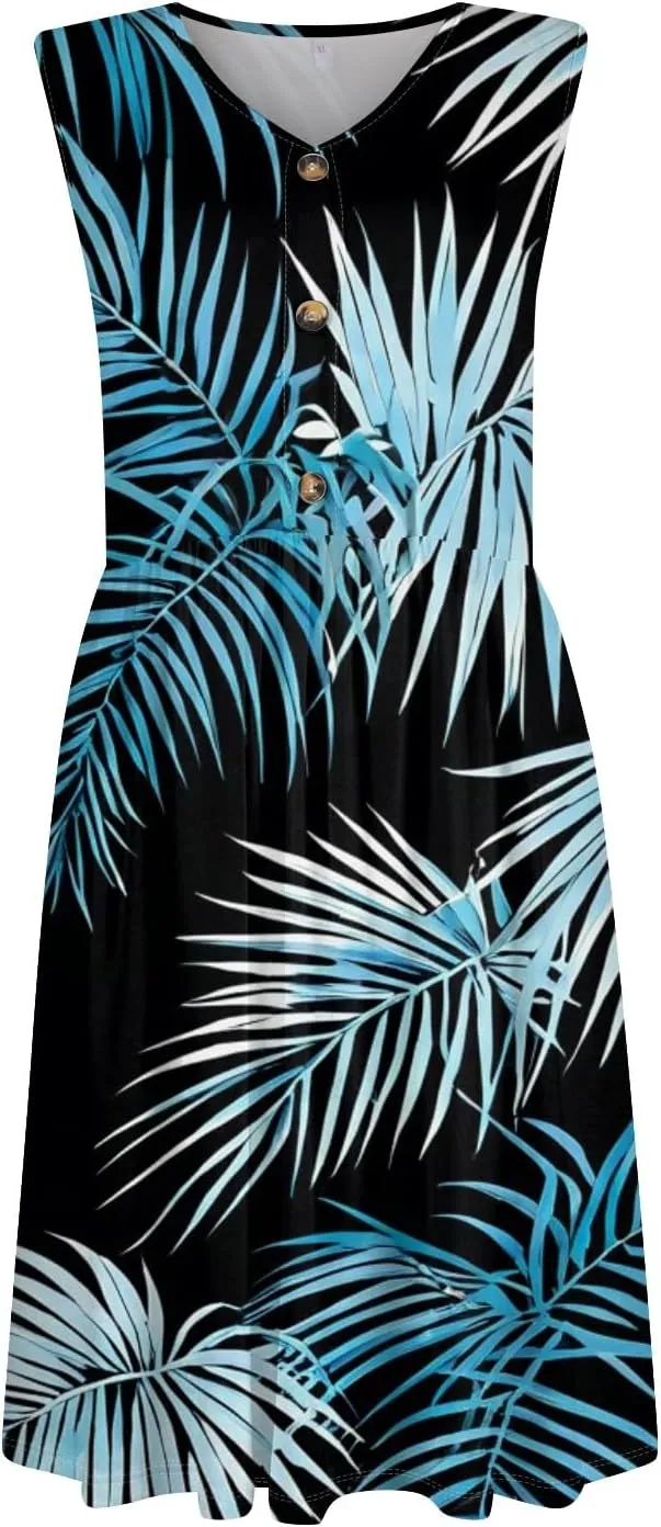 Yesunpxs Womens Summer Dresses Casual Sleeveless Mini Dress Flowy Beach Tshirt Tank Dresses Printed Sundresses with Pockets