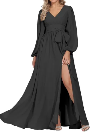 YRGERATON Long Sleeve Wedding Bridesmaid Dresses V-Neck Flowy Chiffon Formal Evening Prom Gown with Slit