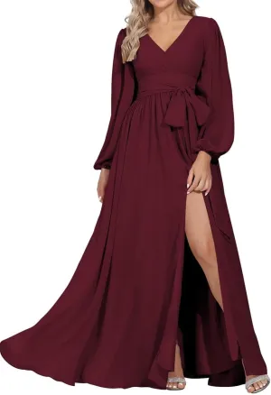 YRGERATON Long Sleeve Wedding Bridesmaid Dresses V-Neck Flowy Chiffon Formal Evening Prom Gown with Slit