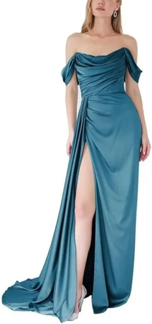 YRGERATON Mermaid Stain Prom Dresses Off Shoulder Ruched Empire Waist Evening Party Princess Ball Gowns with Slit