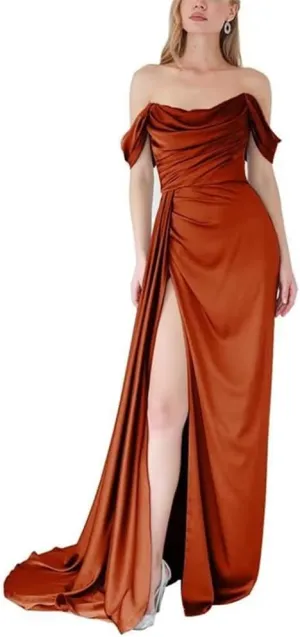 YRGERATON Mermaid Stain Prom Dresses Off Shoulder Ruched Empire Waist Evening Party Princess Ball Gowns with Slit
