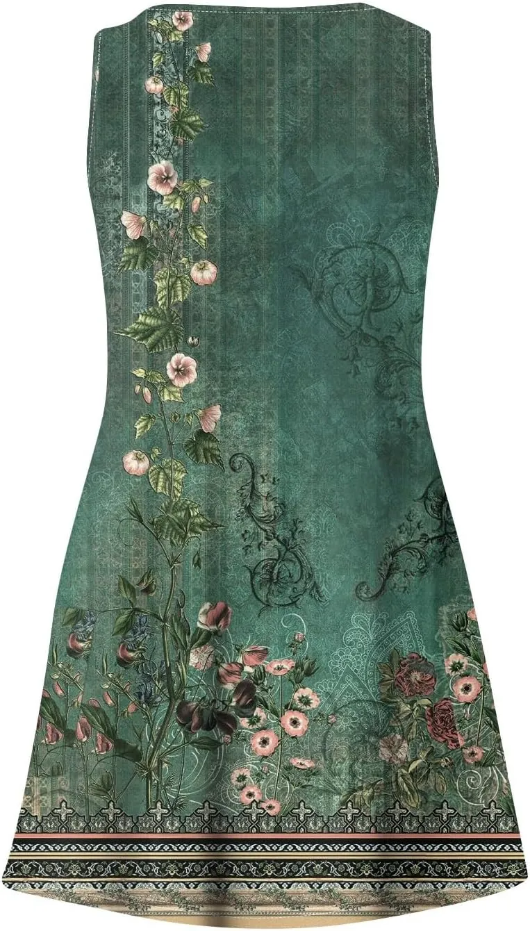 YUTANRAL Summer Dresses for Women 2024 Vacation Trendy Floral Boho Mini Dress Sleeveless Casual Beach Sundresses Cover Ups