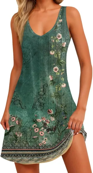 YUTANRAL Summer Dresses for Women 2024 Vacation Trendy Floral Boho Mini Dress Sleeveless Casual Beach Sundresses Cover Ups