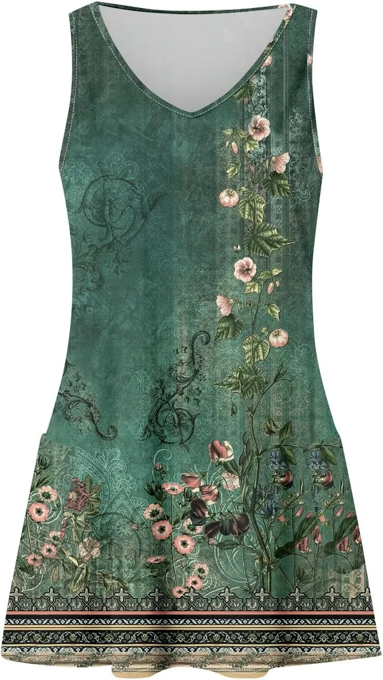 YUTANRAL Summer Dresses for Women 2024 Vacation Trendy Floral Boho Mini Dress Sleeveless Casual Beach Sundresses Cover Ups