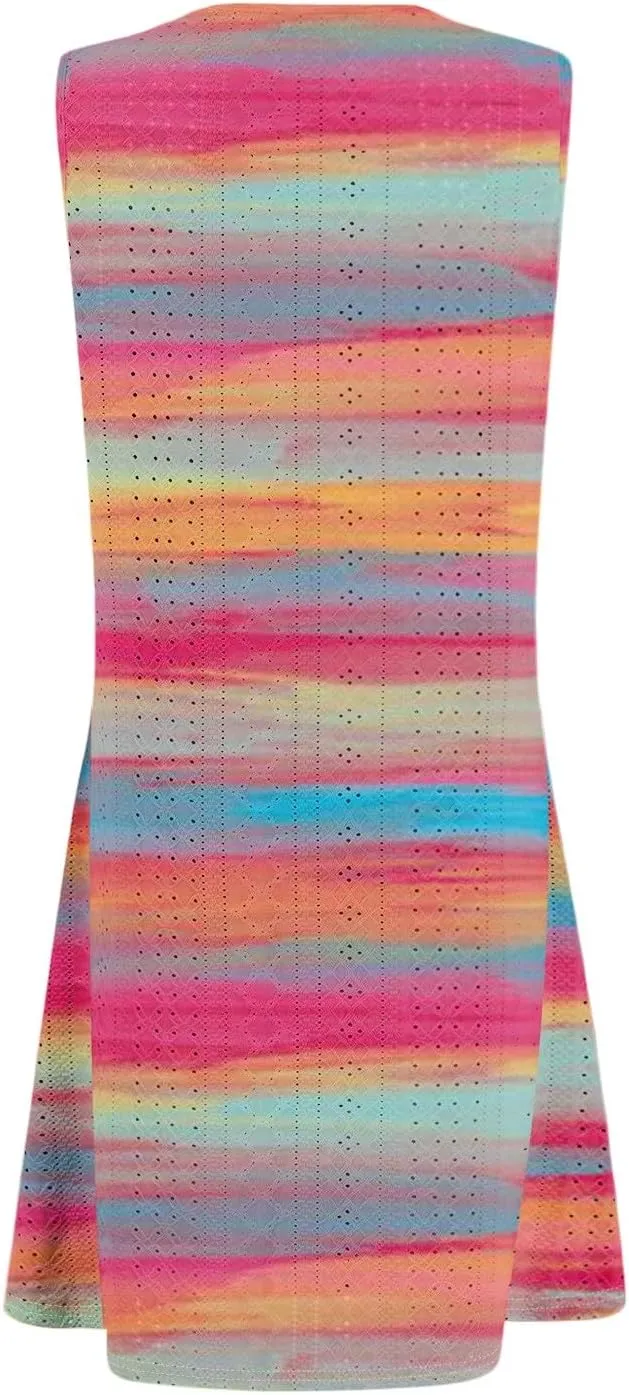 ZEFOTIM Cute Striped Color Block Geometry Eyelet Dress for Women Summer Mini Sleeveless Sundress Beach Dresses with Pockets
