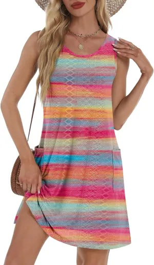 ZEFOTIM Cute Striped Color Block Geometry Eyelet Dress for Women Summer Mini Sleeveless Sundress Beach Dresses with Pockets