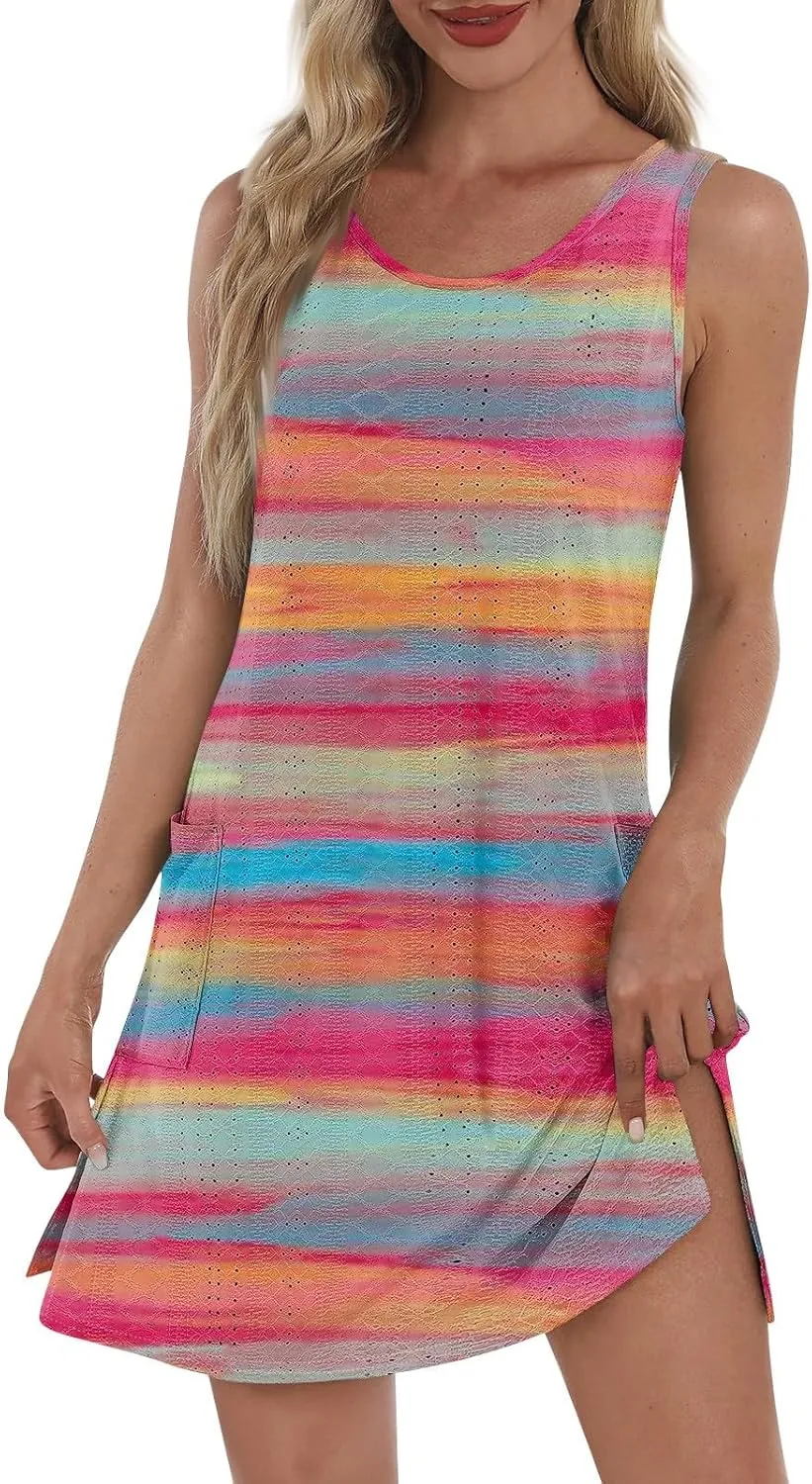 ZEFOTIM Cute Striped Color Block Geometry Eyelet Dress for Women Summer Mini Sleeveless Sundress Beach Dresses with Pockets