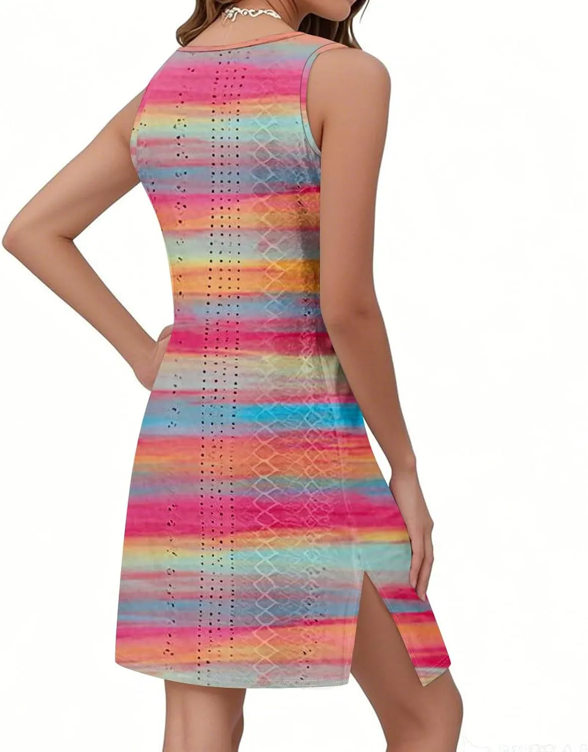 ZEFOTIM Cute Striped Color Block Geometry Eyelet Dress for Women Summer Mini Sleeveless Sundress Beach Dresses with Pockets
