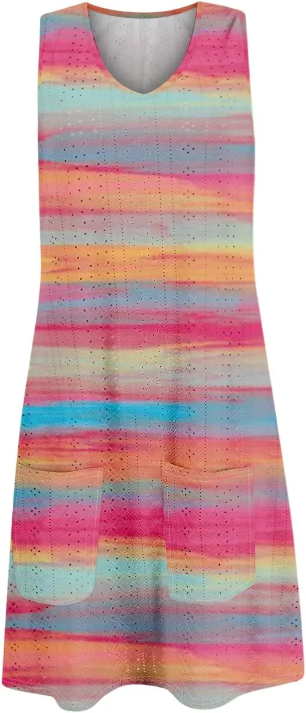ZEFOTIM Cute Striped Color Block Geometry Eyelet Dress for Women Summer Mini Sleeveless Sundress Beach Dresses with Pockets