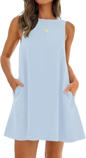 ZWRXW Cotton Linen Dresses for Women 2024 Summer Sleeveless Tunic Mini Dress Backless U Neck Sundress Flowy Beach Tank Dress