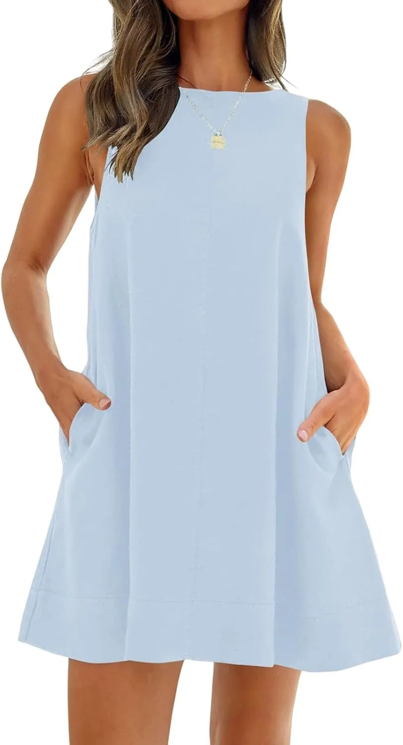 ZWRXW Cotton Linen Dresses for Women 2024 Summer Sleeveless Tunic Mini Dress Backless U Neck Sundress Flowy Beach Tank Dress