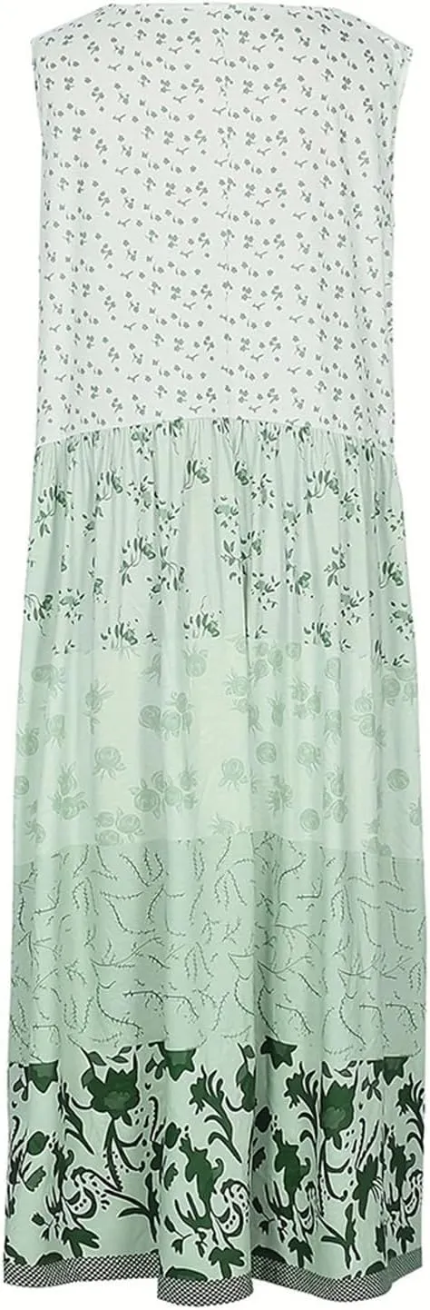 ZYXTIM Bohemian Dress for Women Floral U Neck Sleeveless Smocked Sundresses Plus Size A Line Flowy Beach Long Dresses
