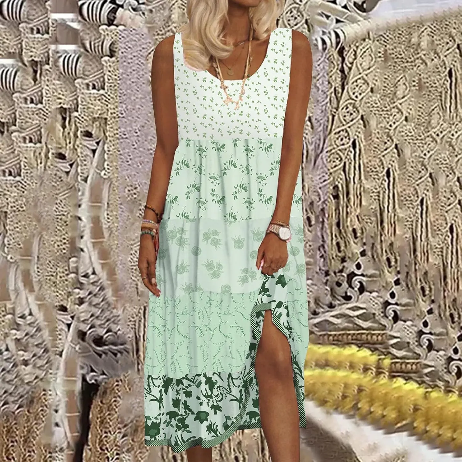 ZYXTIM Bohemian Dress for Women Floral U Neck Sleeveless Smocked Sundresses Plus Size A Line Flowy Beach Long Dresses