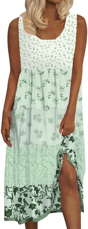 ZYXTIM Bohemian Dress for Women Floral U Neck Sleeveless Smocked Sundresses Plus Size A Line Flowy Beach Long Dresses
