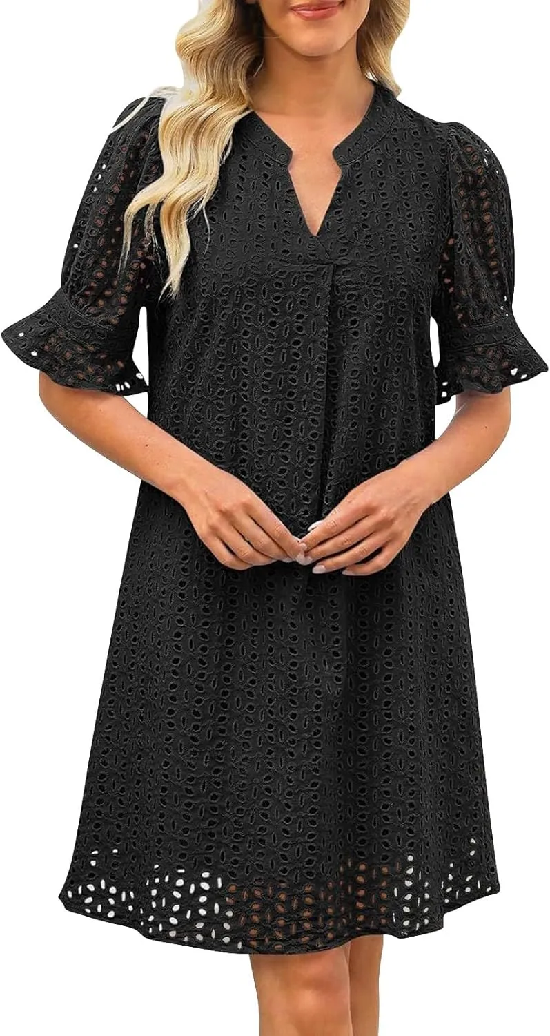 ZYXTIM Summer Eyelet Dresses for Women 2025 Elegant V Neck Short Sleeve Fashion Business Dress Hollow Out Vacation Dresses