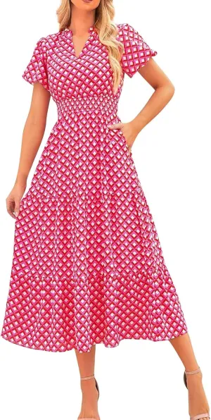 ZYXTIM Woman's Floral V Neck Boho Dress Short Sleeve A-Line Flowy Maxi Beach Vacation Dresses High Waist Wedding Guest Skirts