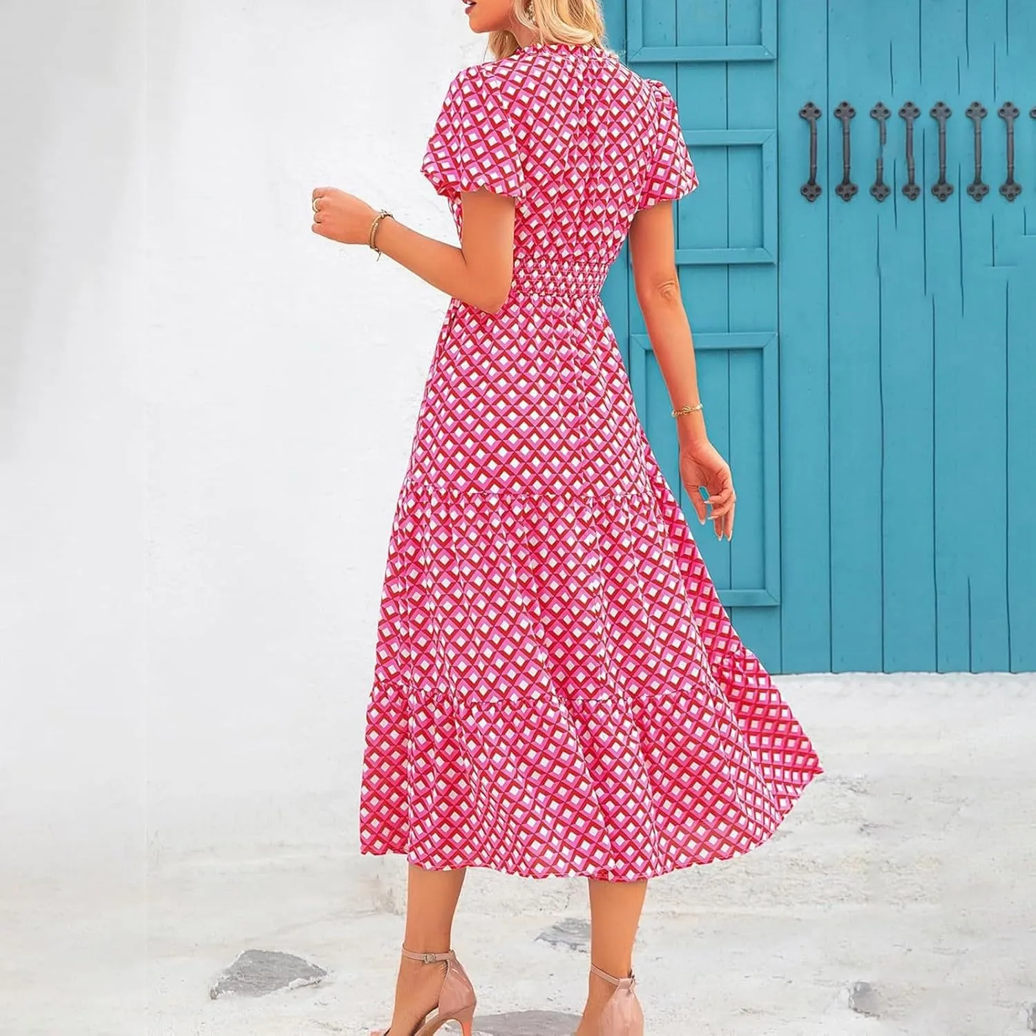 ZYXTIM Woman's Floral V Neck Boho Dress Short Sleeve A-Line Flowy Maxi Beach Vacation Dresses High Waist Wedding Guest Skirts