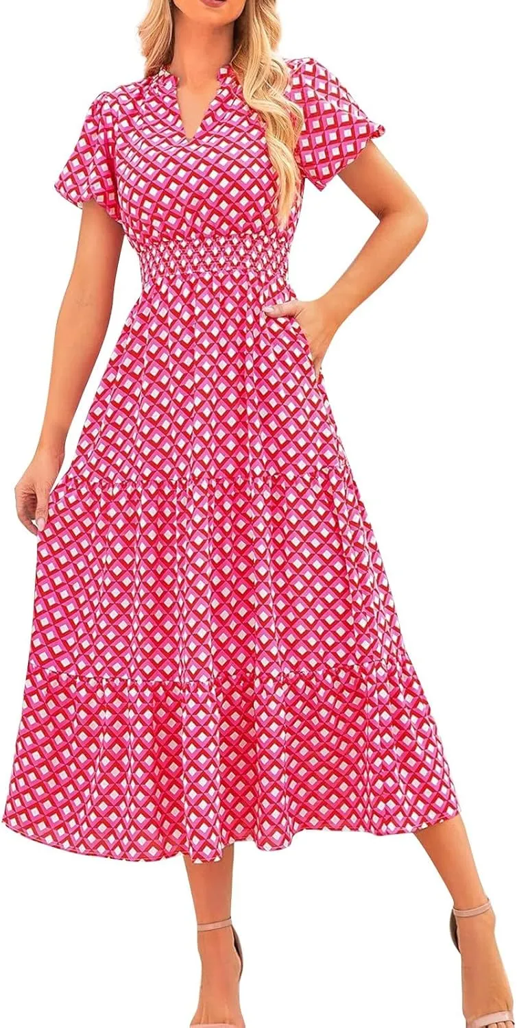 ZYXTIM Woman's Floral V Neck Boho Dress Short Sleeve A-Line Flowy Maxi Beach Vacation Dresses High Waist Wedding Guest Skirts