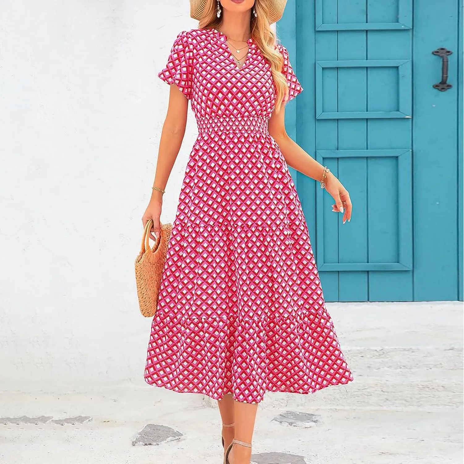 ZYXTIM Woman's Floral V Neck Boho Dress Short Sleeve A-Line Flowy Maxi Beach Vacation Dresses High Waist Wedding Guest Skirts