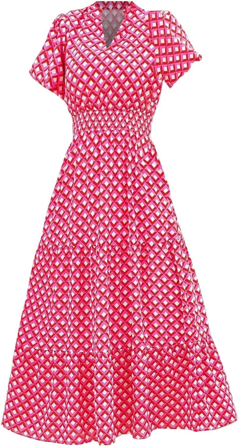 ZYXTIM Woman's Floral V Neck Boho Dress Short Sleeve A-Line Flowy Maxi Beach Vacation Dresses High Waist Wedding Guest Skirts
