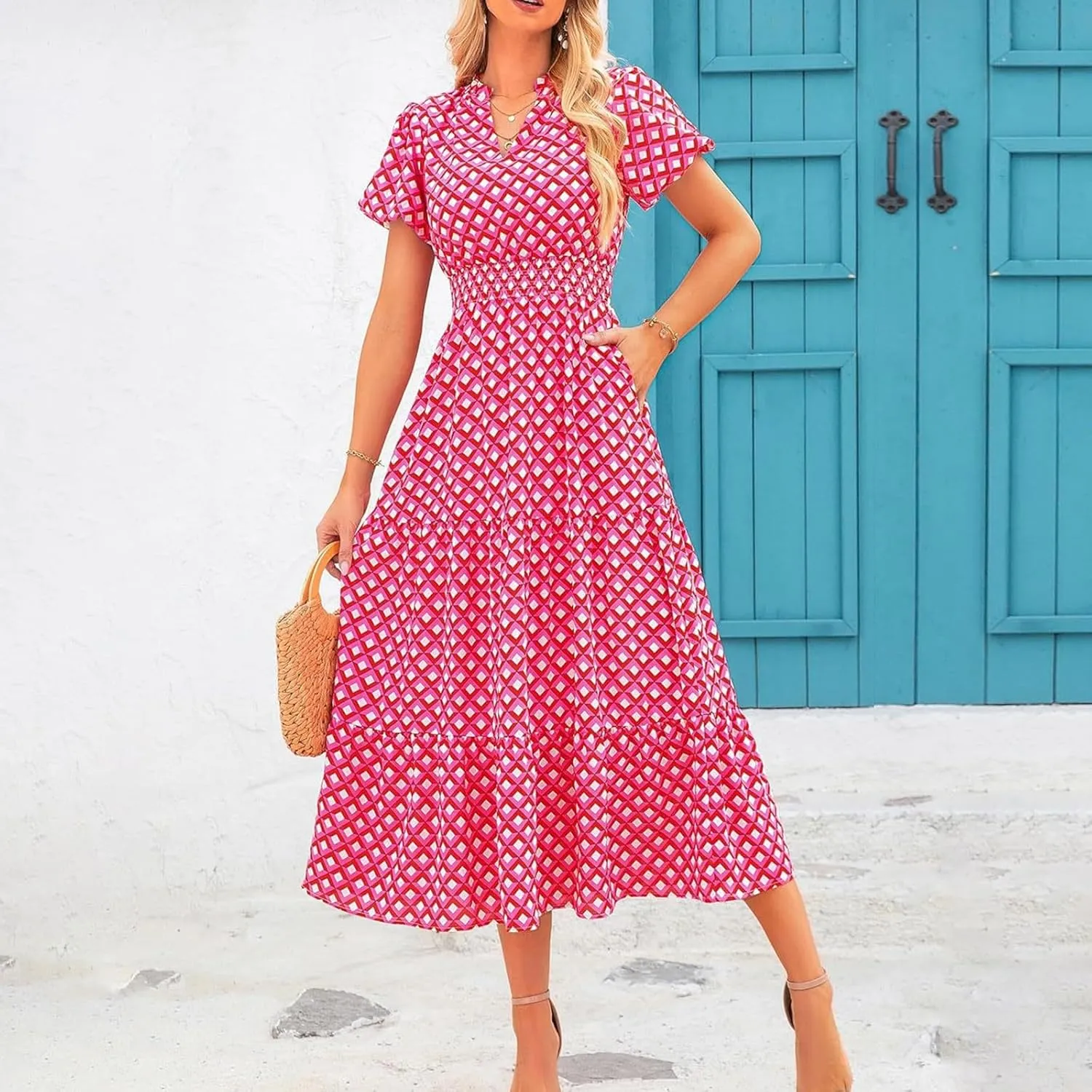 ZYXTIM Woman's Floral V Neck Boho Dress Short Sleeve A-Line Flowy Maxi Beach Vacation Dresses High Waist Wedding Guest Skirts