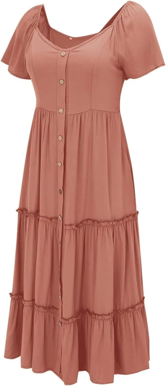 ZYXTIM Women's Dress Summer Casual Short Sleeve Button Down Loose Beach Cover Up Dress with Pockets