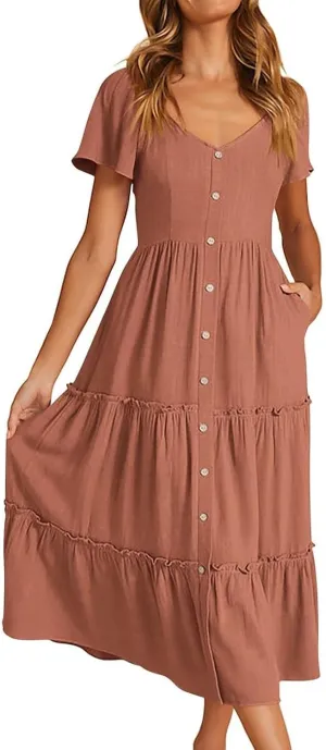 ZYXTIM Women's Dress Summer Casual Short Sleeve Button Down Loose Beach Cover Up Dress with Pockets
