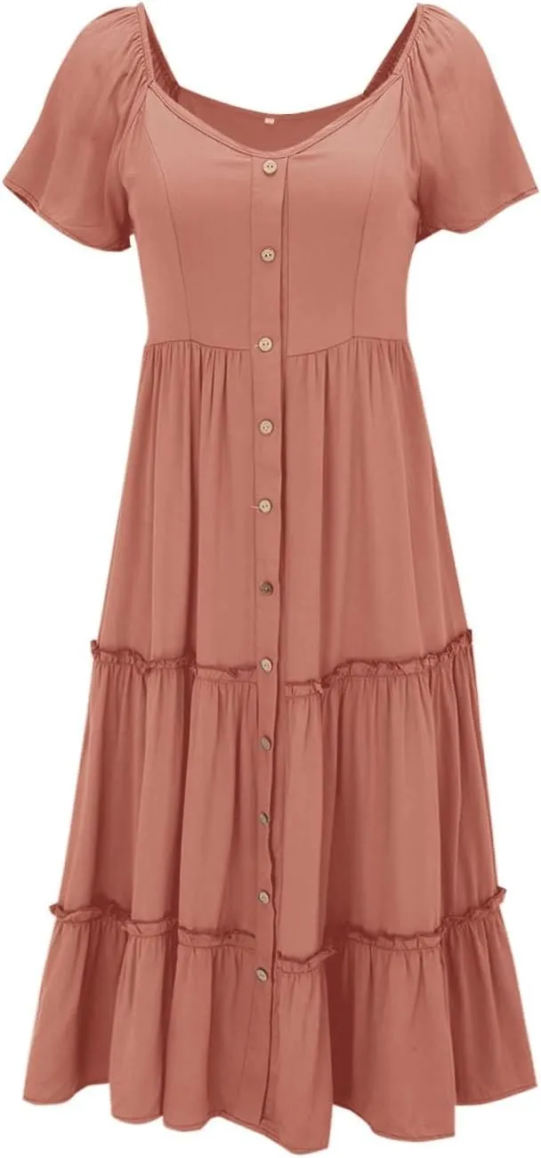 ZYXTIM Women's Dress Summer Casual Short Sleeve Button Down Loose Beach Cover Up Dress with Pockets