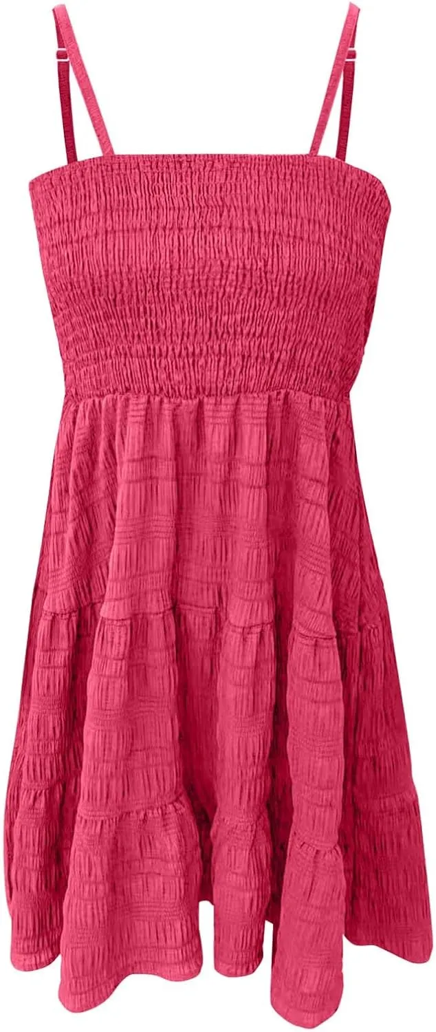 ZYXTIM Women's Spaghetti Strap Ruffle Hem Cami Dress Scoop Neck Elastic Waist A-Line Casual Cute Mini Dress Babydoll Dresses